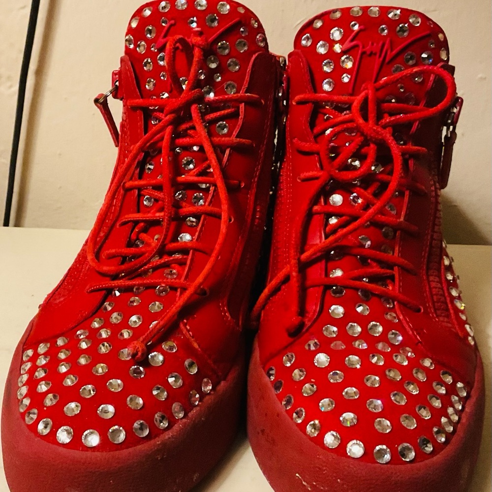 Giuseppe Zanotti Crystal- Embellished Red Sneakers